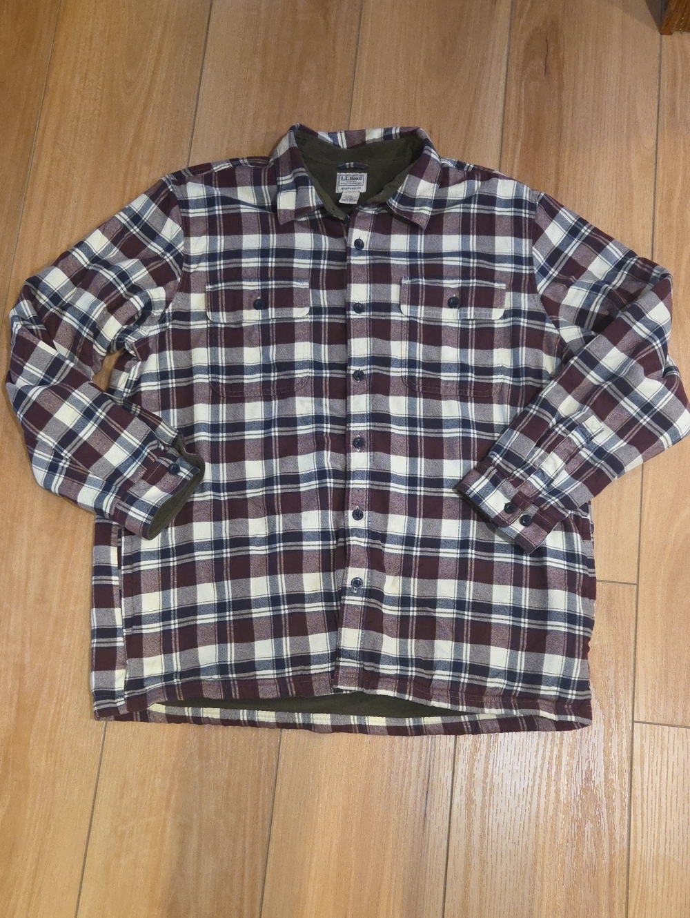 L.L. Bean Men's Burgundy and White Plaid Flannel, Fleece Lined Shirt Jacket